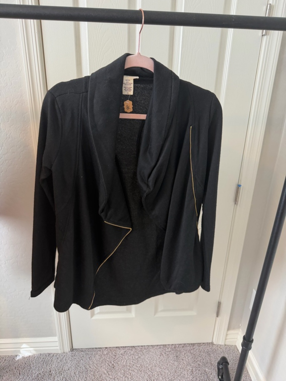 Black Open-Front Jacket with Gold Zipper - Women